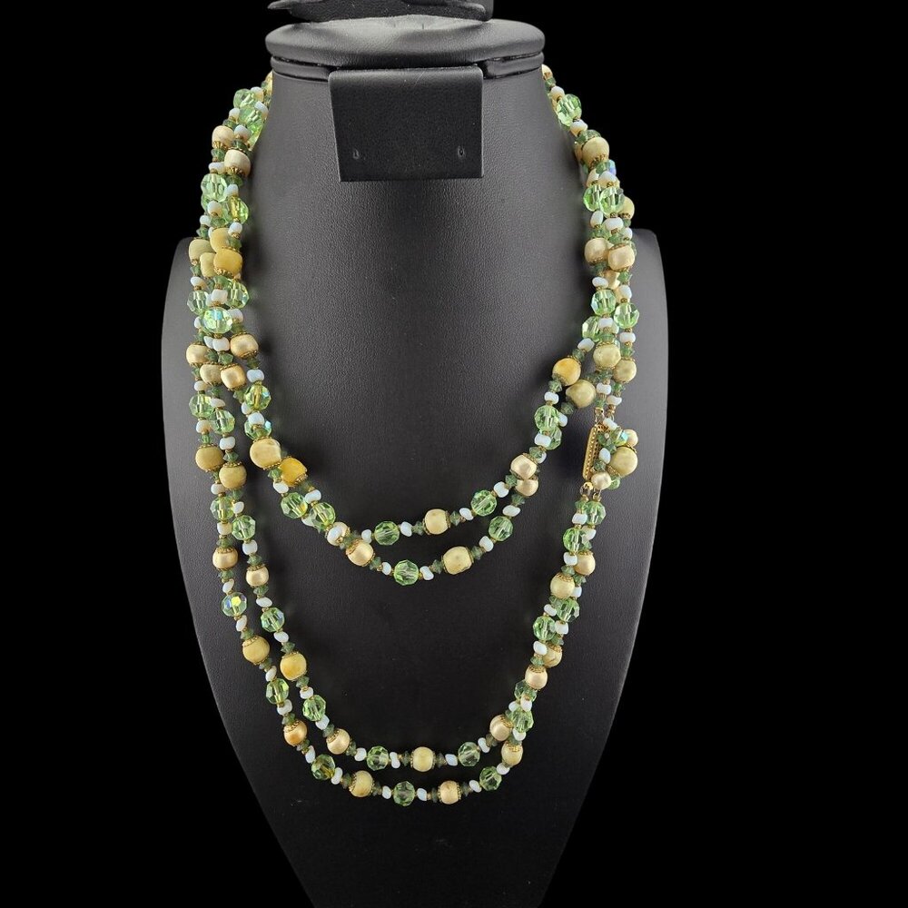 Multi-Strand Green & Cream Glass Bead Necklace Brass Clasp 44" Opera Easter - Picture 6 of 8